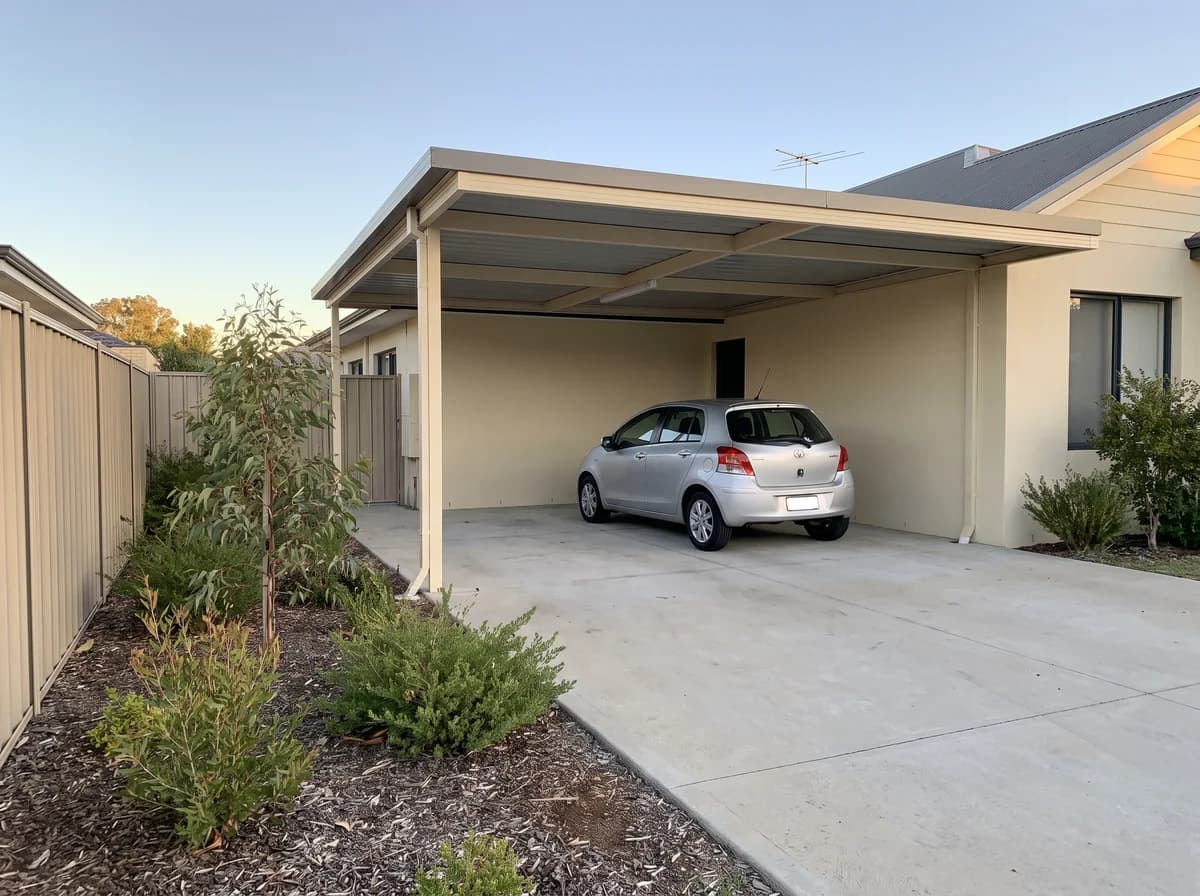 A double Colorbond carport in charcoal steel over a driveway at a Perth home, late afternoon