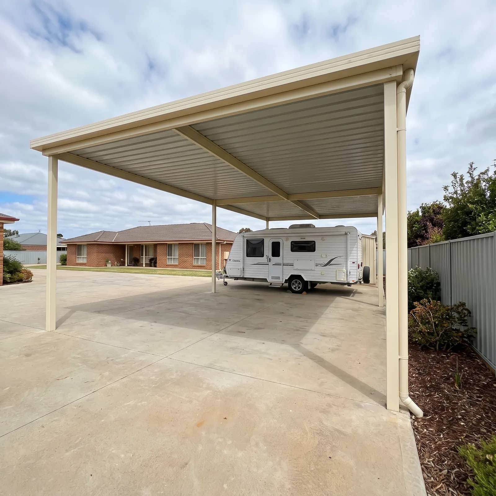 A tall steel carport over a Perth driveway with a touring caravan parked under it and clear air above its roof