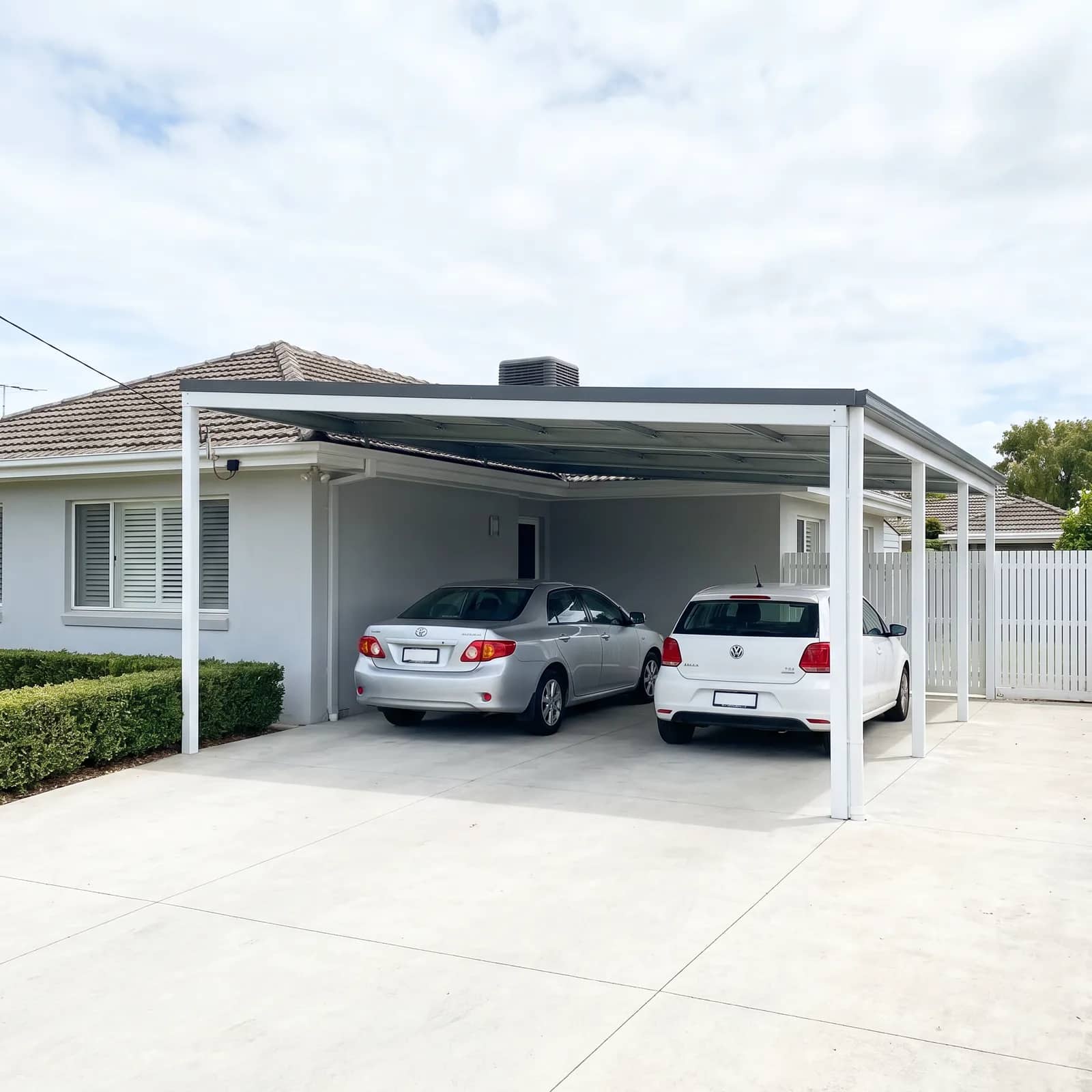 A double-width Colorbond carport with two cars parked under it at a Perth home