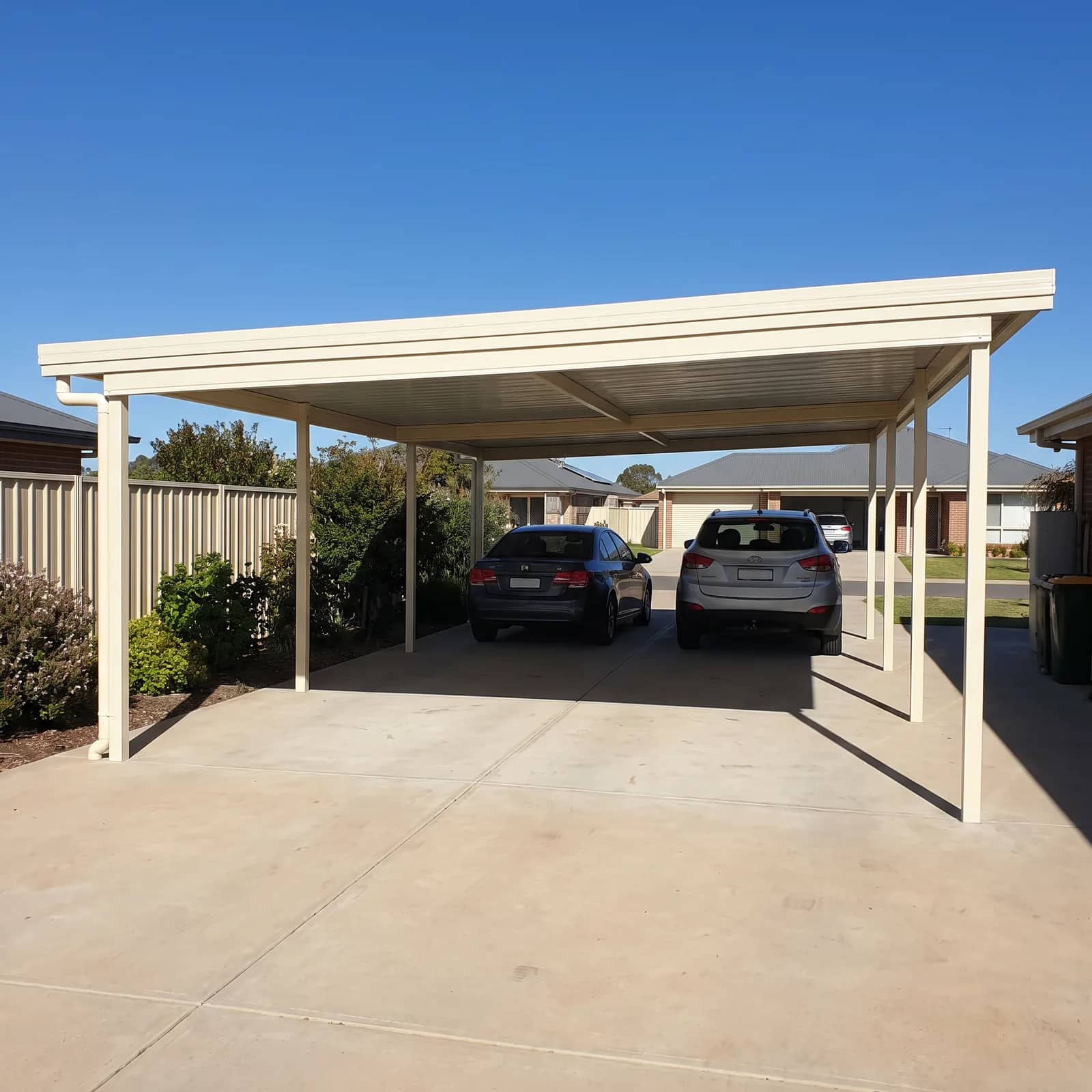 A freestanding Colorbond carport standing on its own posts on a Perth driveway