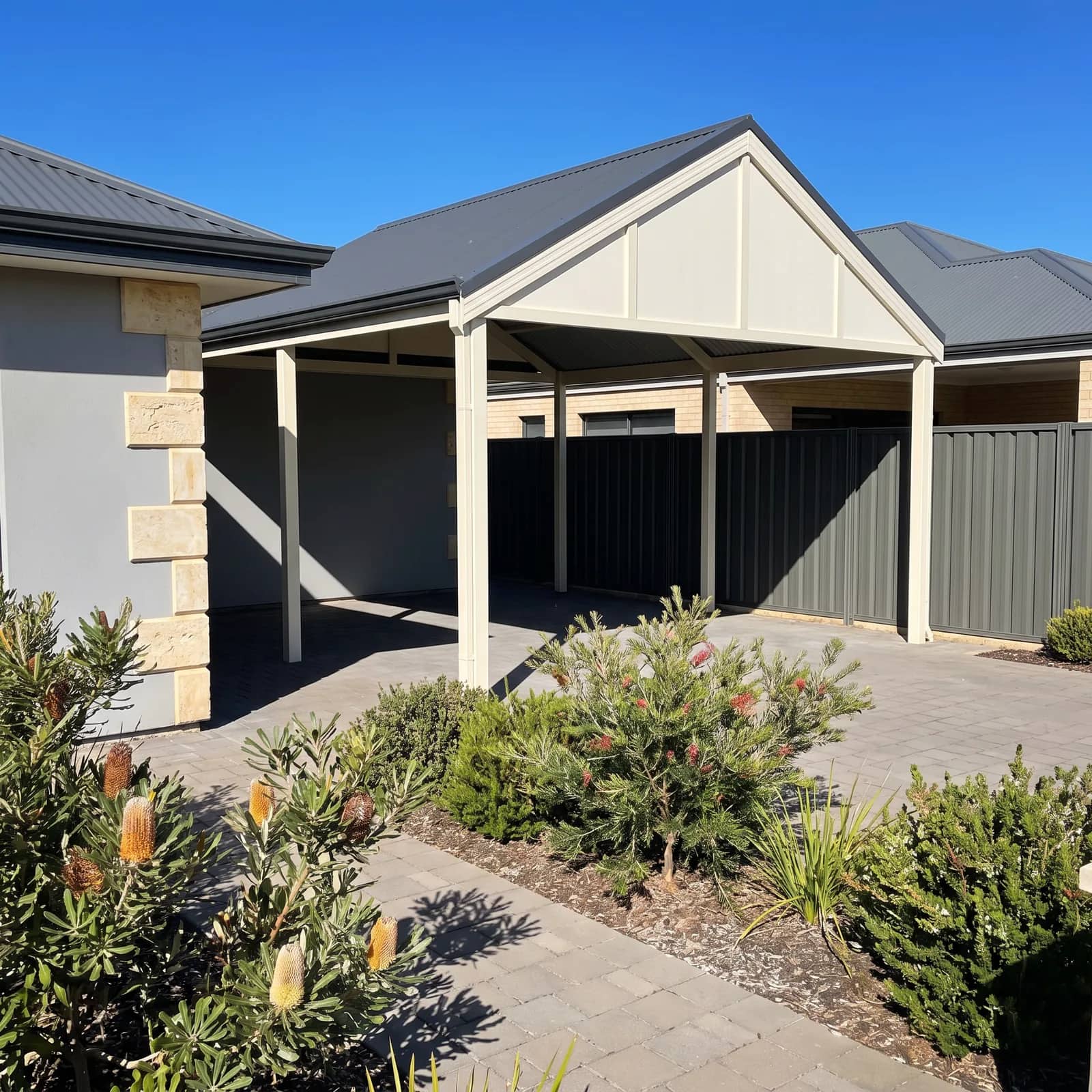 A gable-roof Colorbond carport over a driveway at a Perth home