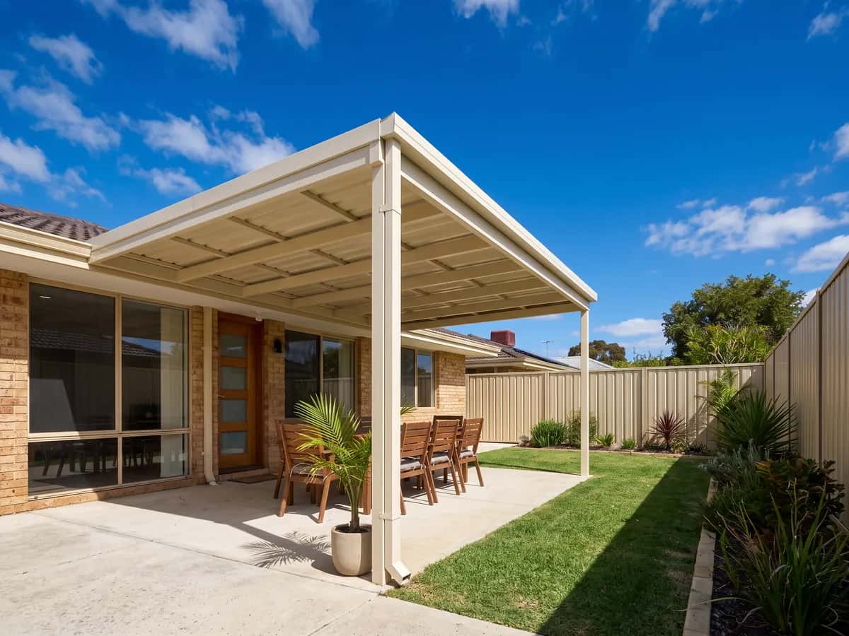 A flat-roof Colorbond patio over a paved alfresco at a Perth home, one low fall away from the house
