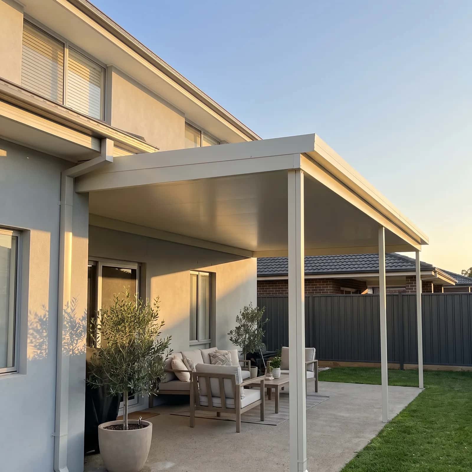 A flat-roof Colorbond patio over a paved alfresco at a Perth home, one low fall away from the house