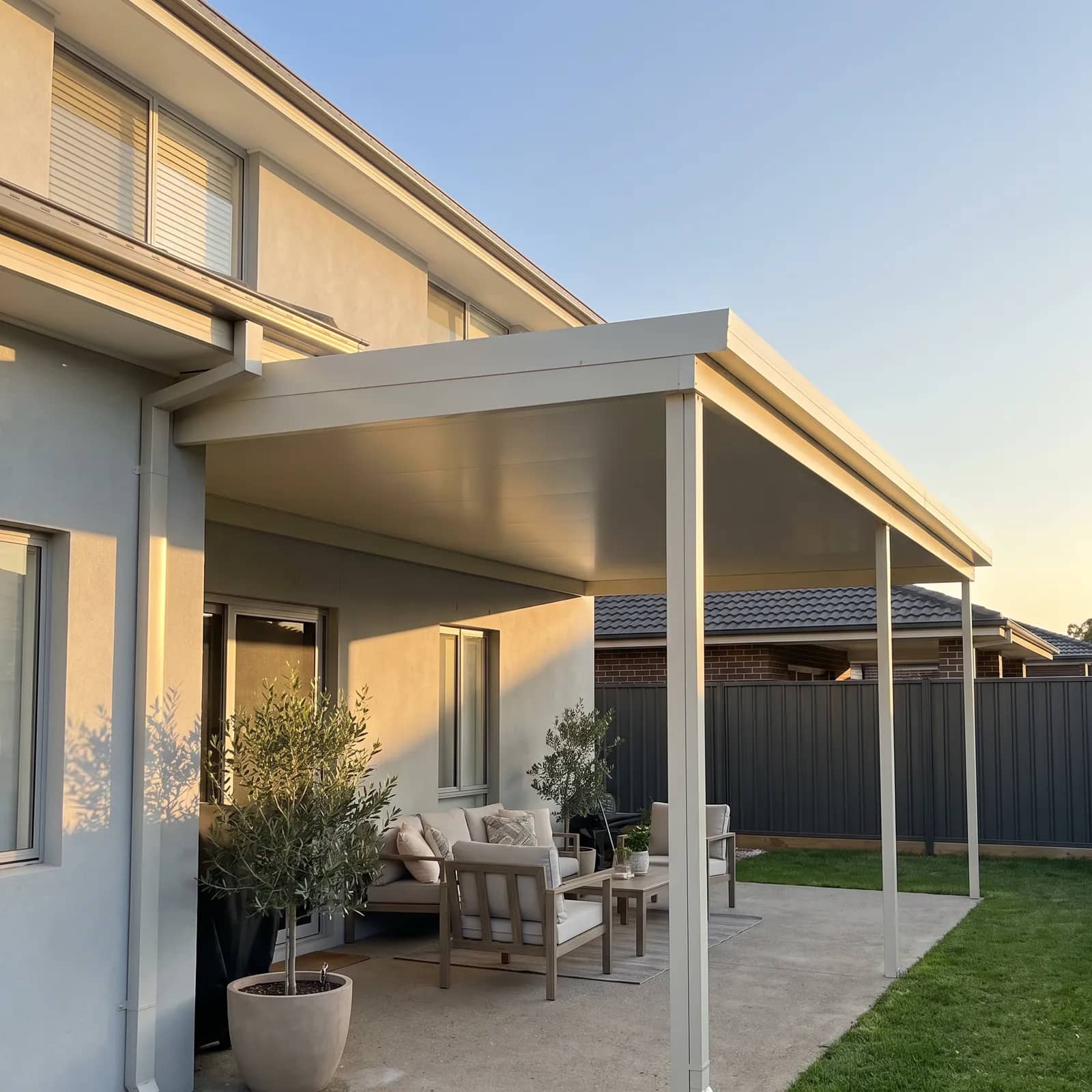 A flat-roof Colorbond patio over a paved alfresco at a Perth home