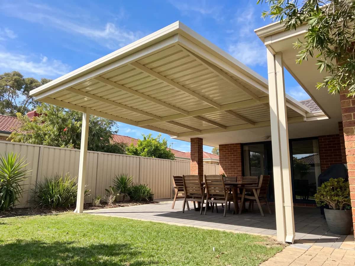 A flat-roof patio running the full length of the side of a Perth home, its posts following the paving edge