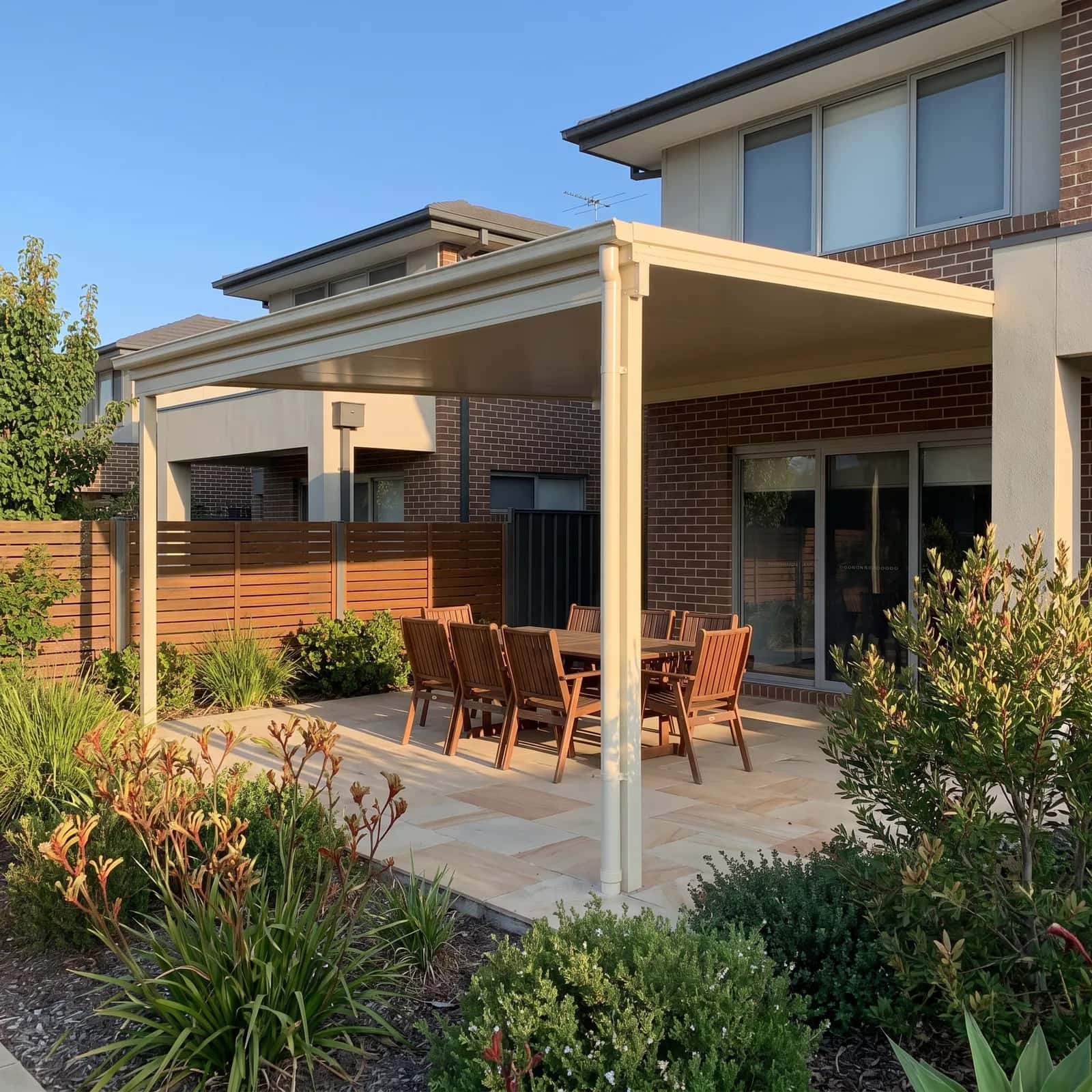 A flat-roof patio running the full length of the side of a Perth home, its posts following the paving edge