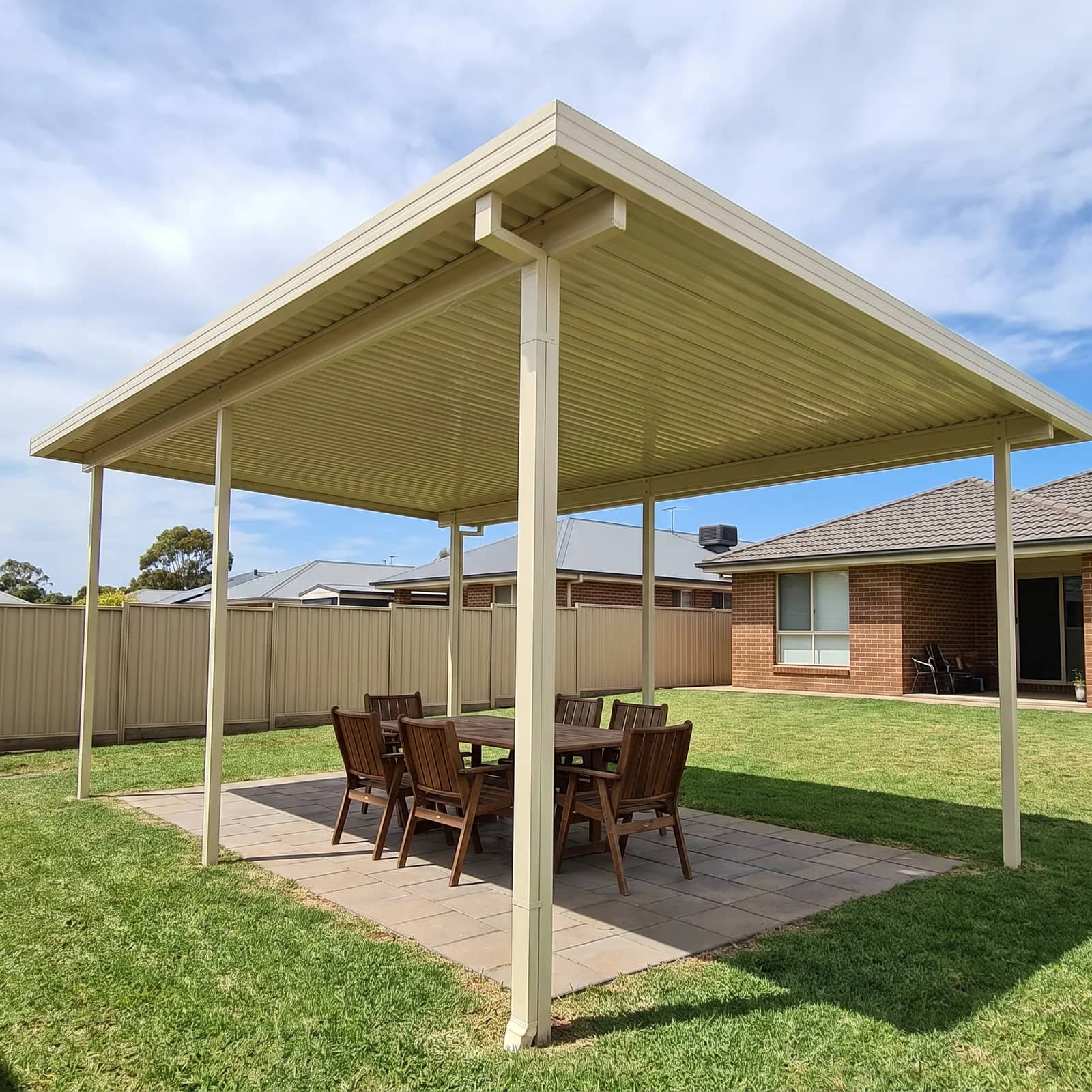 A freestanding Colorbond patio standing on its own posts in a Perth backyard