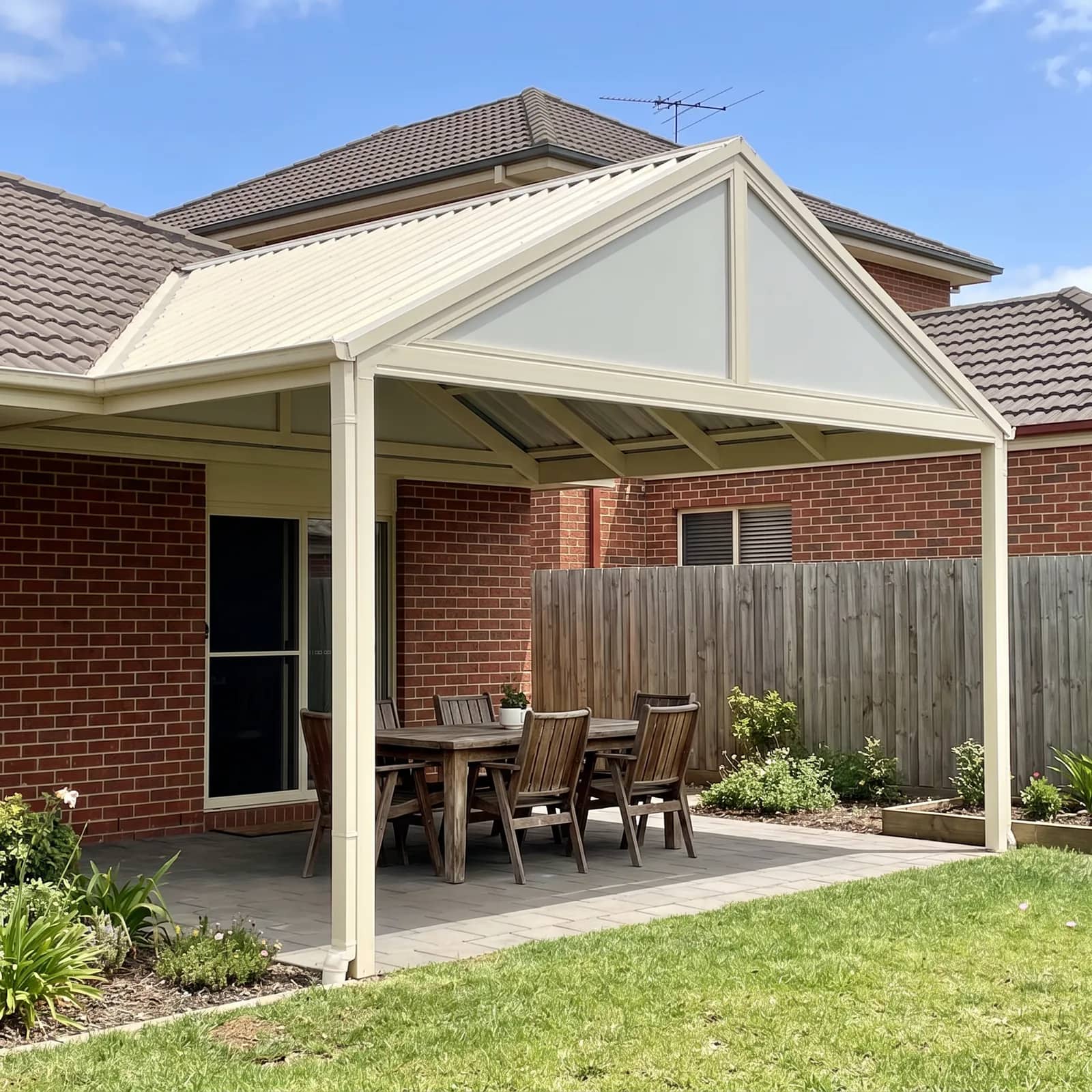 A gable-roof Colorbond patio with an open pitched end at a Perth home