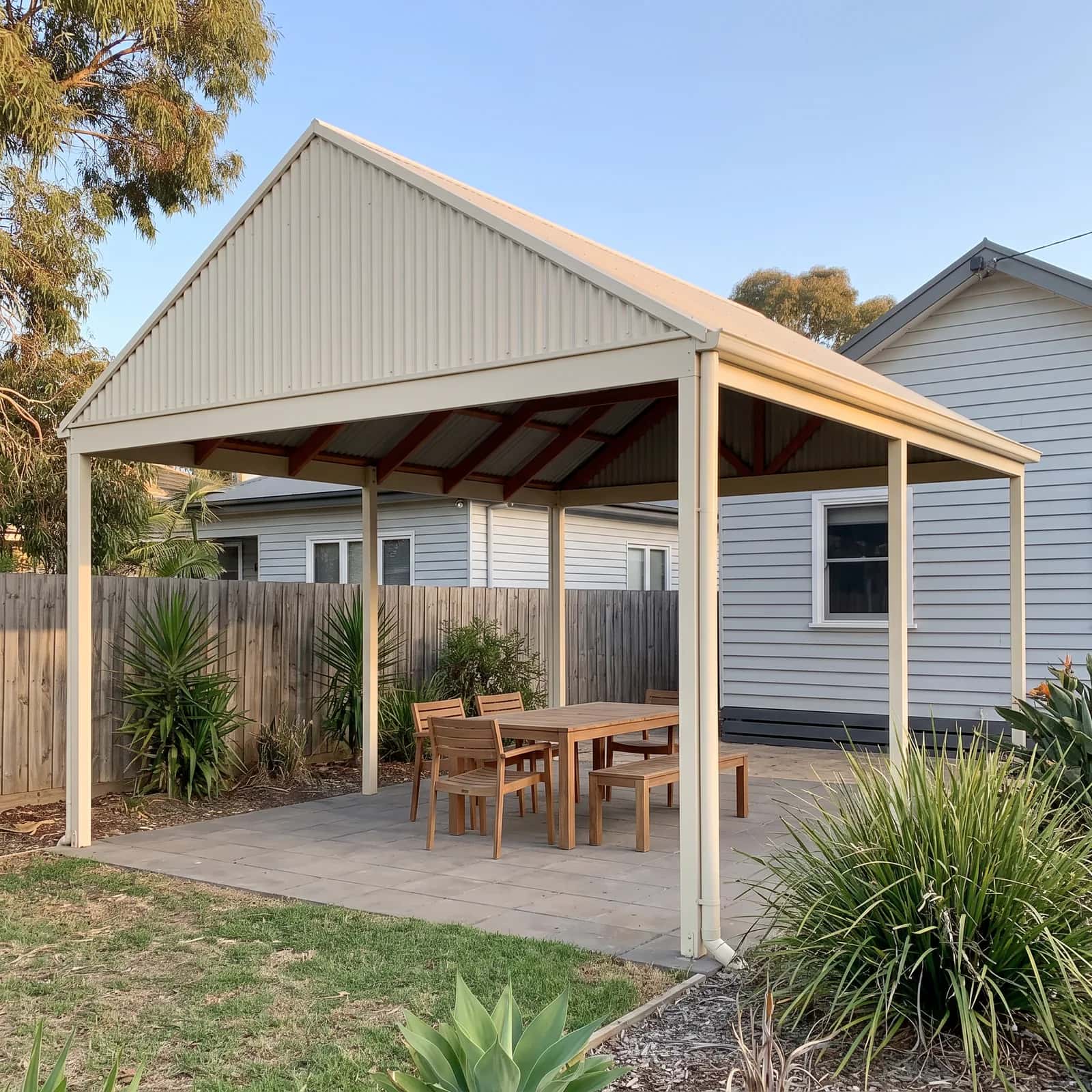 A patio photographed from far enough back that the whole area and the house behind it fit in one frame