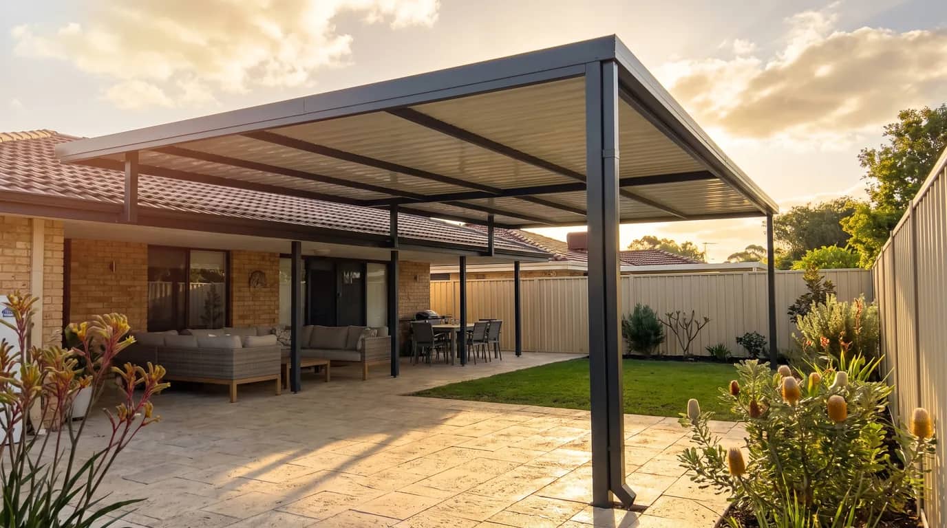 A Colorbond patio over a paved alfresco at a Perth home in late afternoon light