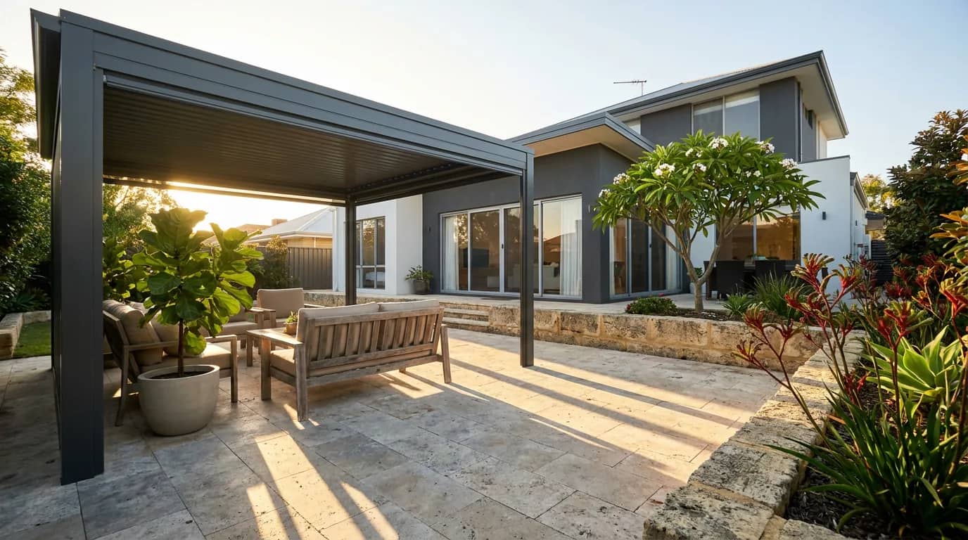 A Colorbond patio over a paved alfresco at a Perth home in late afternoon light