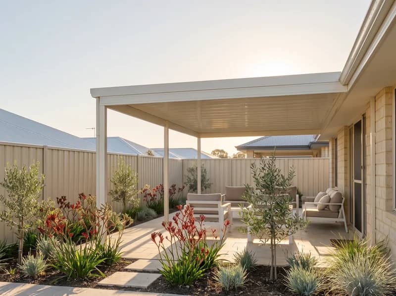 A flat-roof Colorbond patio with a low fall away from a Perth home