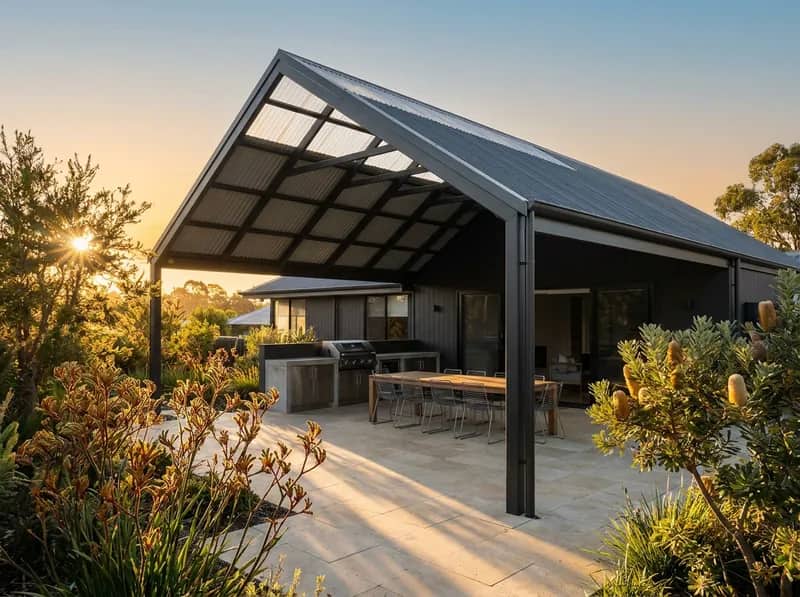 A gable-roof Colorbond patio with an open pitched end at a Perth home