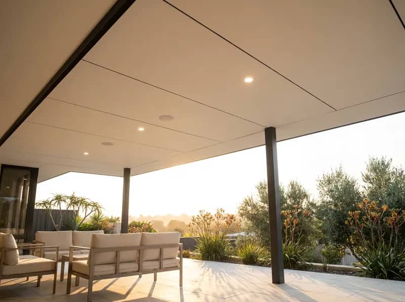 An insulated Colorbond patio roof with a flat white underside at a Perth home