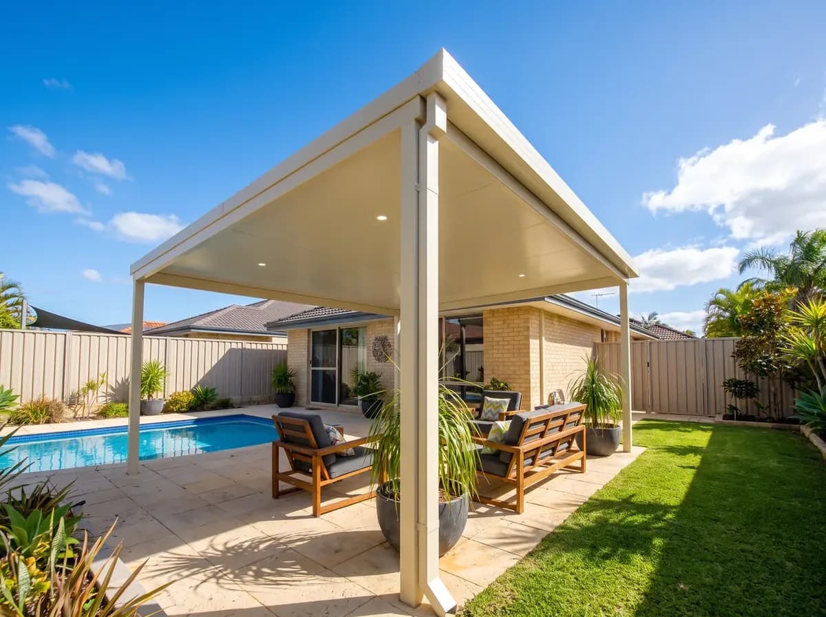 A gable Colorbond patio attached to a Perth home, over a paved alfresco with an outdoor kitchen