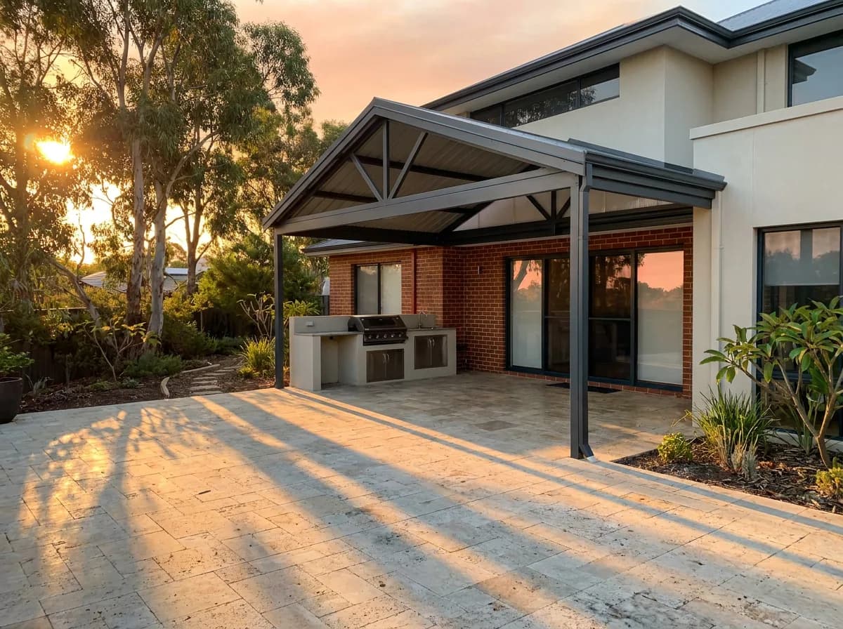 A gable Colorbond patio attached to a Perth home, over a paved alfresco with an outdoor kitchen