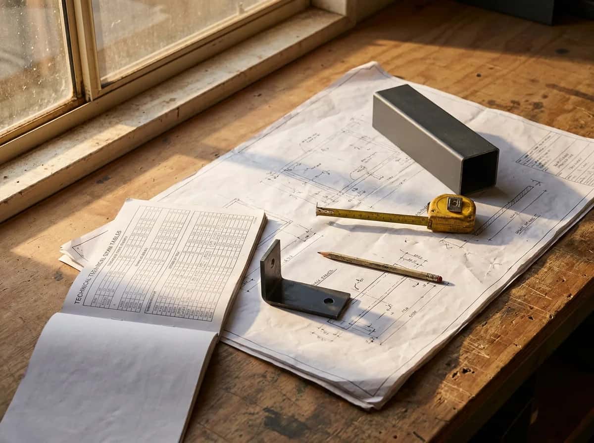 Engineer-rated plans and span tables laid out on a workbench beside a tape measure