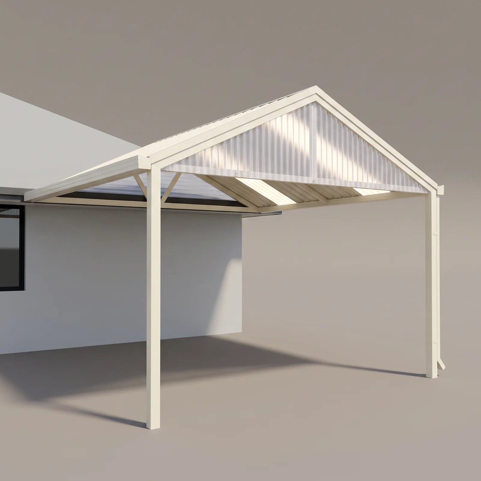 A 3D render of a gable patio kit, showing the slim square steel frame and the translucent gable infill
