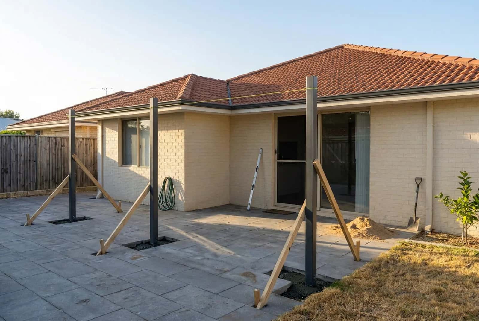 Steel posts standing plumb in fresh concrete footings, braced with timber while the concrete goes off