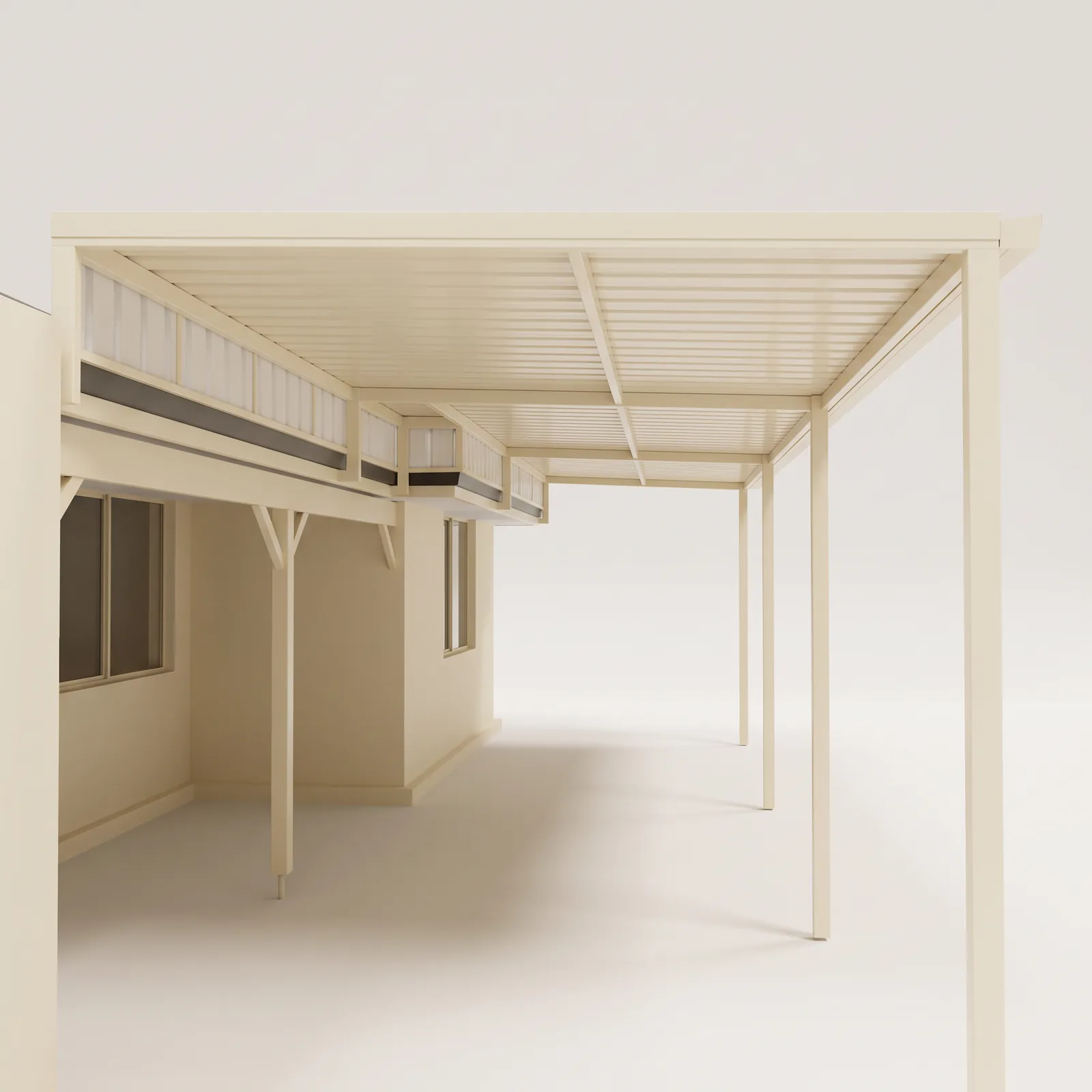 A raised flat patio attached to a Perth home, its single roof plane sloping down from above the house gutter to the front posts